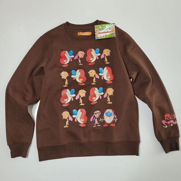 NEW XL REN & STIMPY NICKELODEON TV BROWN CREW GRAPHIC SWEATER SWEATSHIRT NWT - Picture 1 of 11